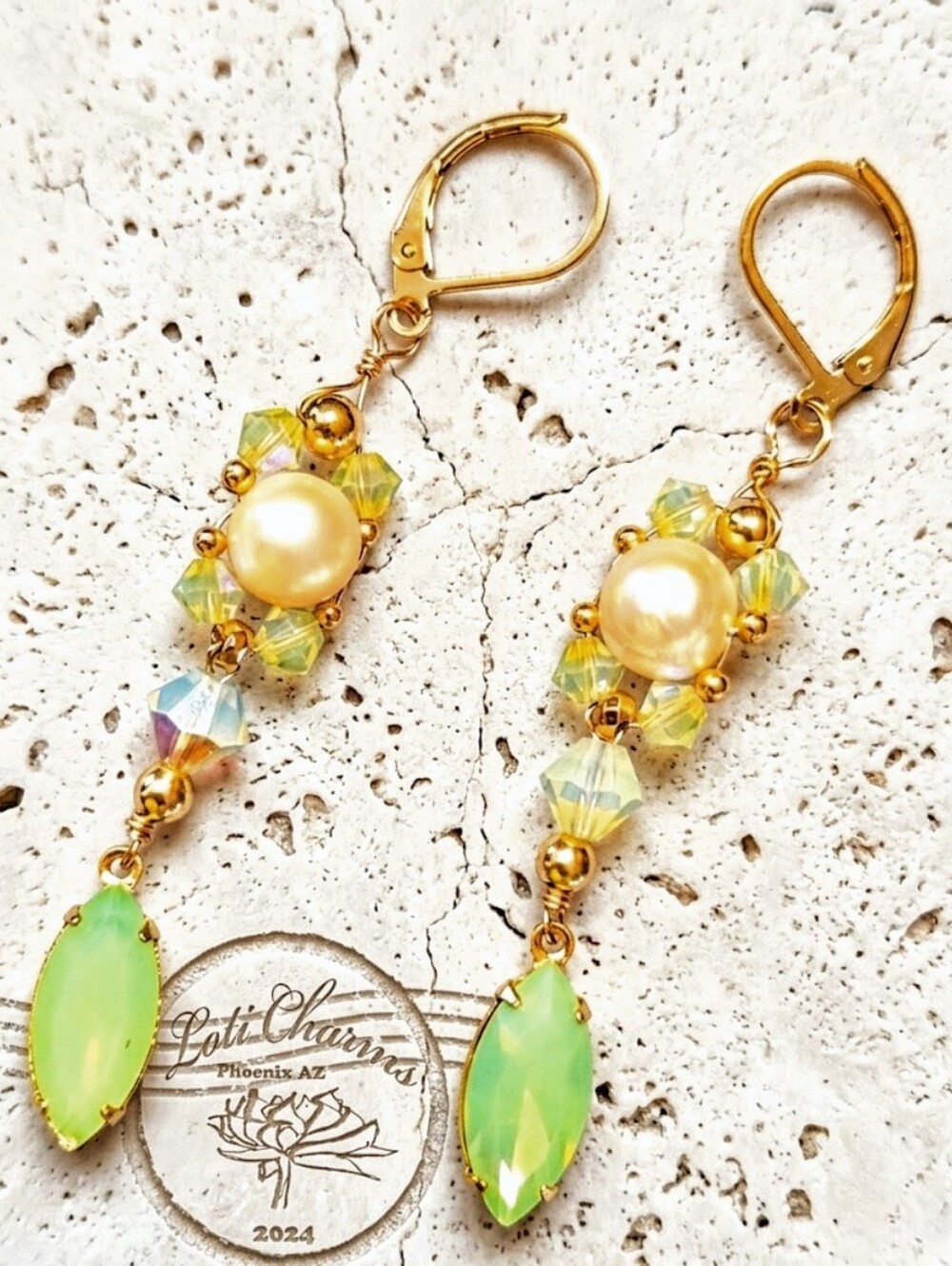 Delicate Pacific Sea Foam Green Opal Crystals & Pearls In Artisan Woven Earrings